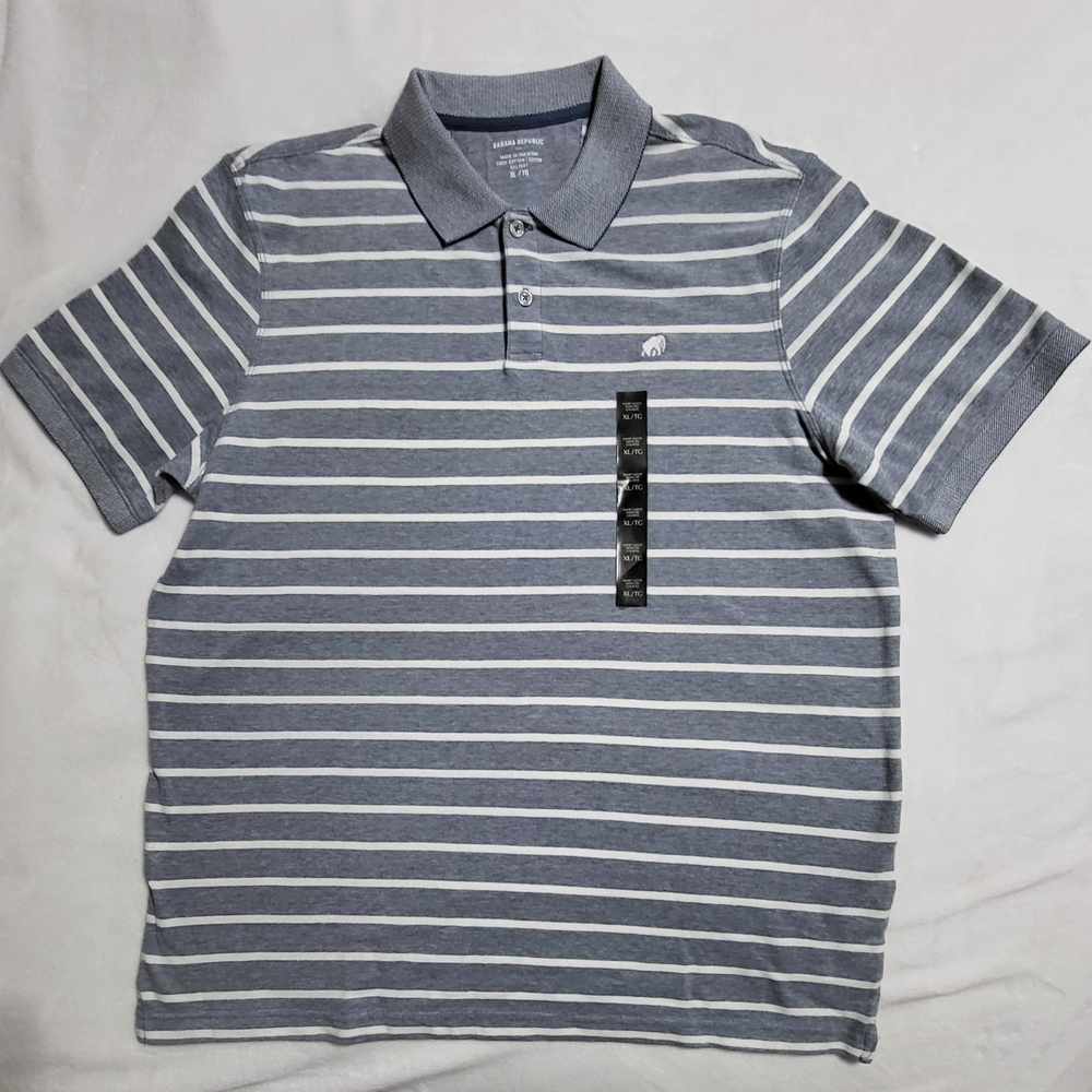 Gray and White Banana Republic Polo Shirt with Classic Stripes Short Sleeve NEW